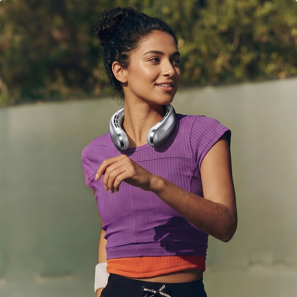 EaseHaus neck fan lifestyle photo - purple top casual, silver
