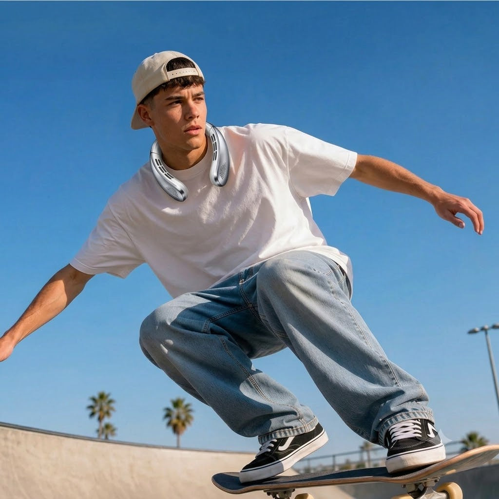 EaseHaus neck fan lifestyle photo - skateboarder, silver